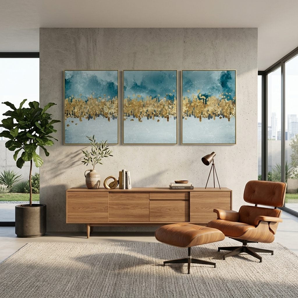 Modularer blau-grauer abstrakter Kunstdruck mit goldenen Elementen, mehrere Teile auf Leinwand
