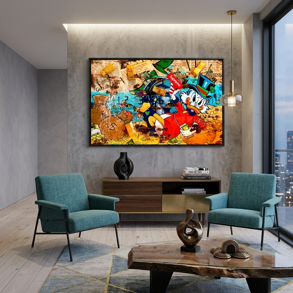 Dagobert Duck und seine SUPER-Waffe im Goldtresor, inspirierender Kunstdruck auf Leinwand