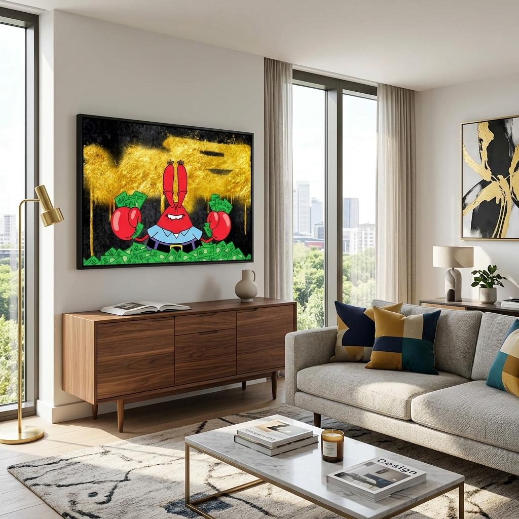 Mr. Krabs in einem Haufen Geld auf einem schwarz-goldenen Hintergrund. Inspirierender Kunstdruck auf Leinwand.