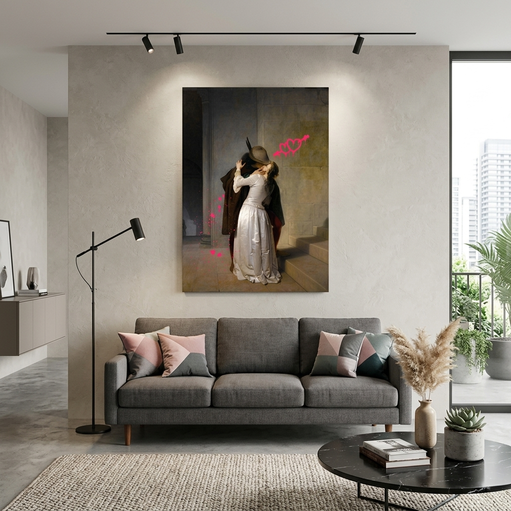 Leinwandbild Kiss von F. Ayets mit rosa Herzen