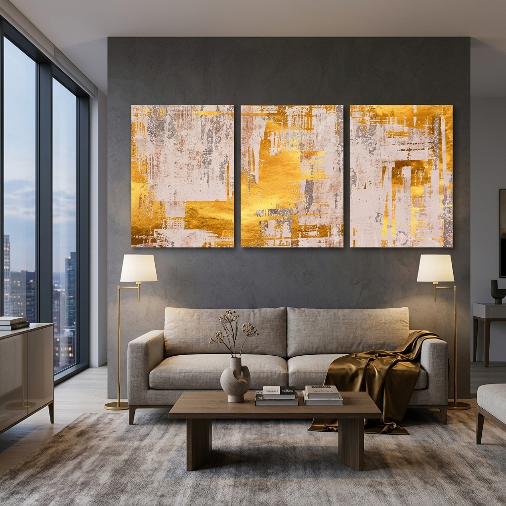 Modulare Abstraktion in Beige- und Goldtönen, mehrteiliger Kunstdruck auf Leinwand