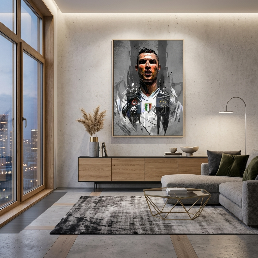 Kunstdruck auf Leinwand, Fußballer Cristiano Ronaldo auf grauem Hintergrund