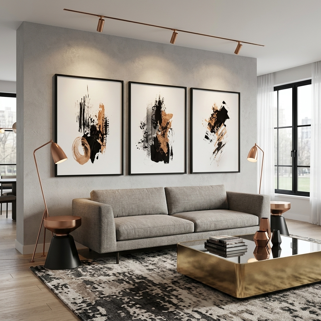 Modularer abstrakter Kunstdruck auf Leinwand, mehrteilig, Schwarz und Gold