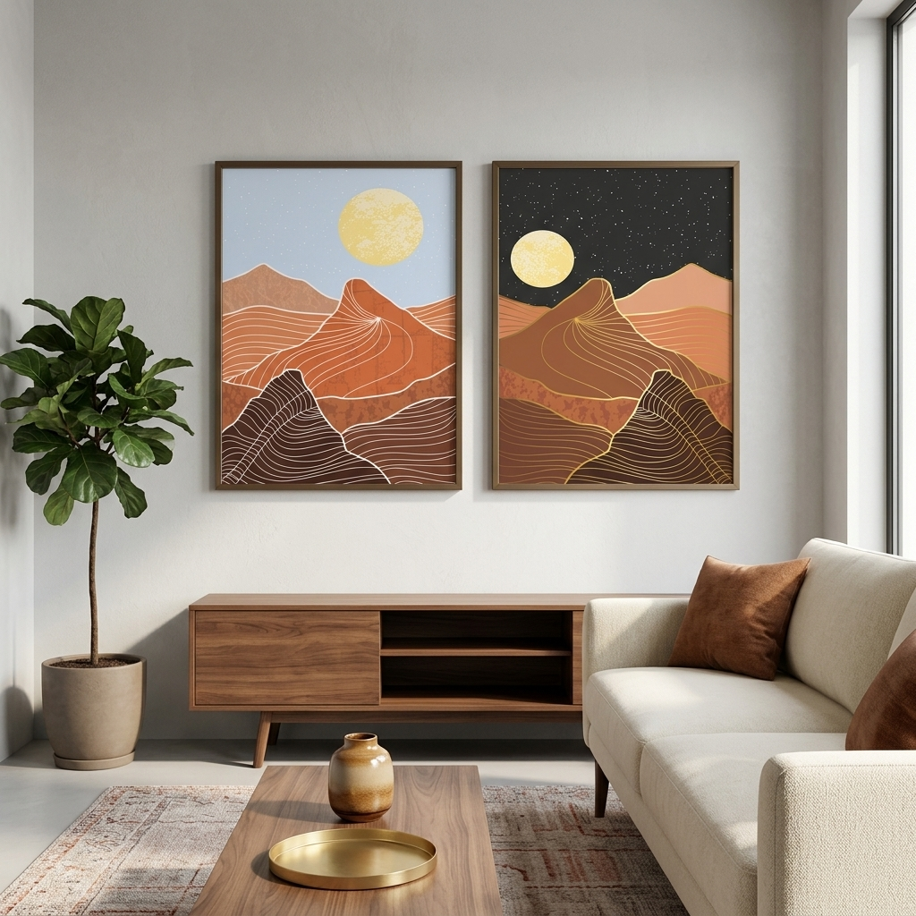 Modularer Kunstdruck auf Leinwand, mehrteilig, Berge bei Tag und bei Nacht