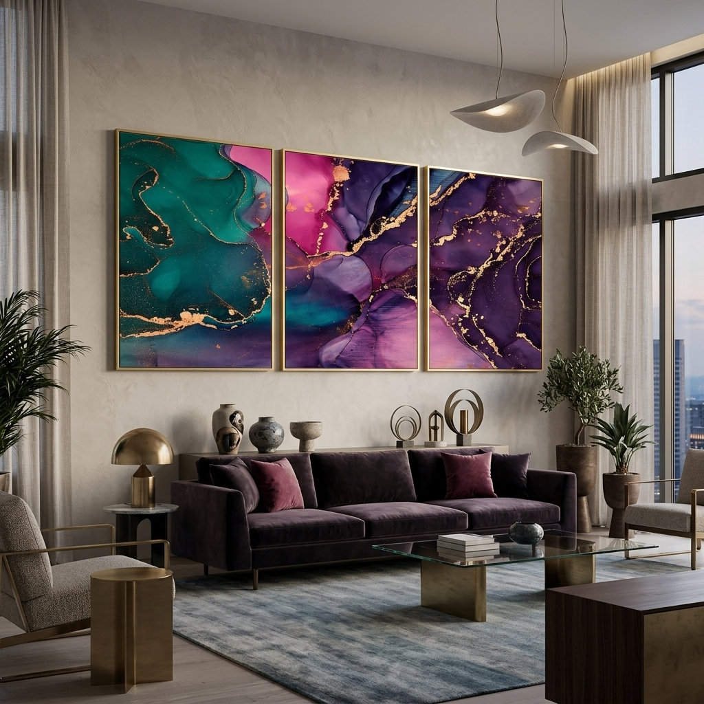 Modularer abstrakter Kunstdruck auf Leinwand, mehrteilig, Violett und Grün