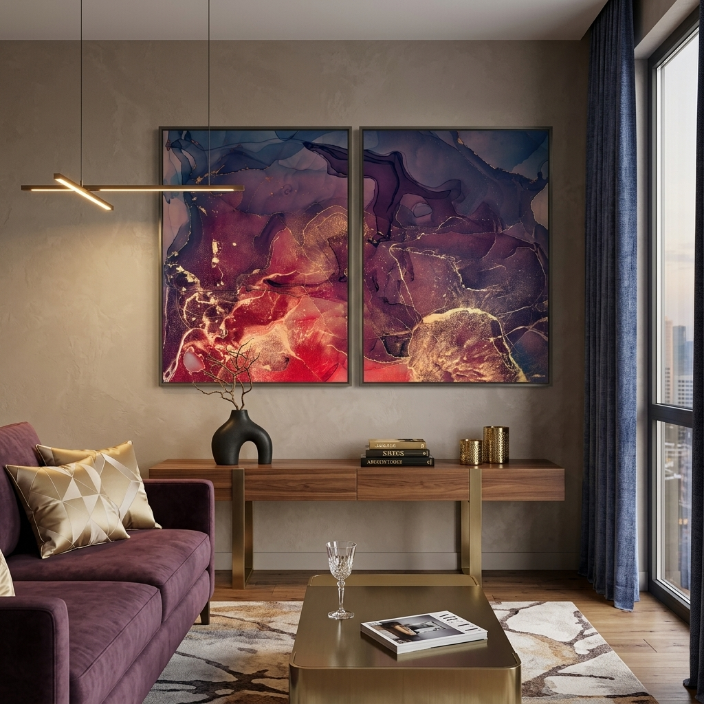 Modularer Kunstdruck auf Leinwand, mehrteilig, Rot, Abstrakt mit dunkelvioletten Farbtönen