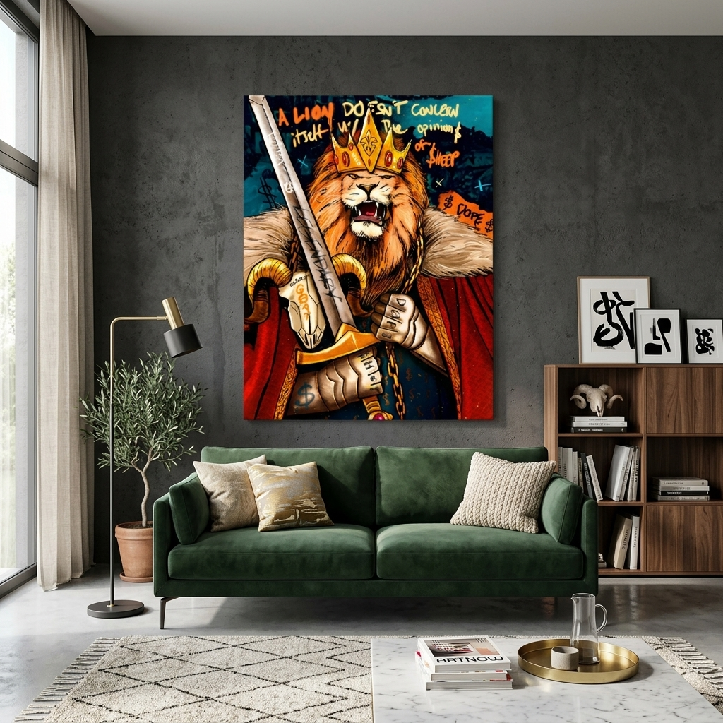 Ein Löwenmensch mit einer Krone und einem Schwert in seinen Händen. Motivierender Kunstdruck auf Leinwand.