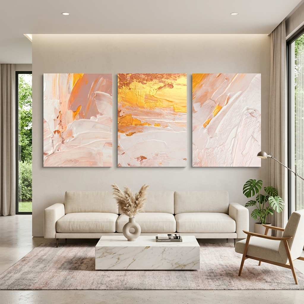 Modularer Kunstdruck auf Leinwand, mehrteilig, Puderfarben mit goldenen Elementen