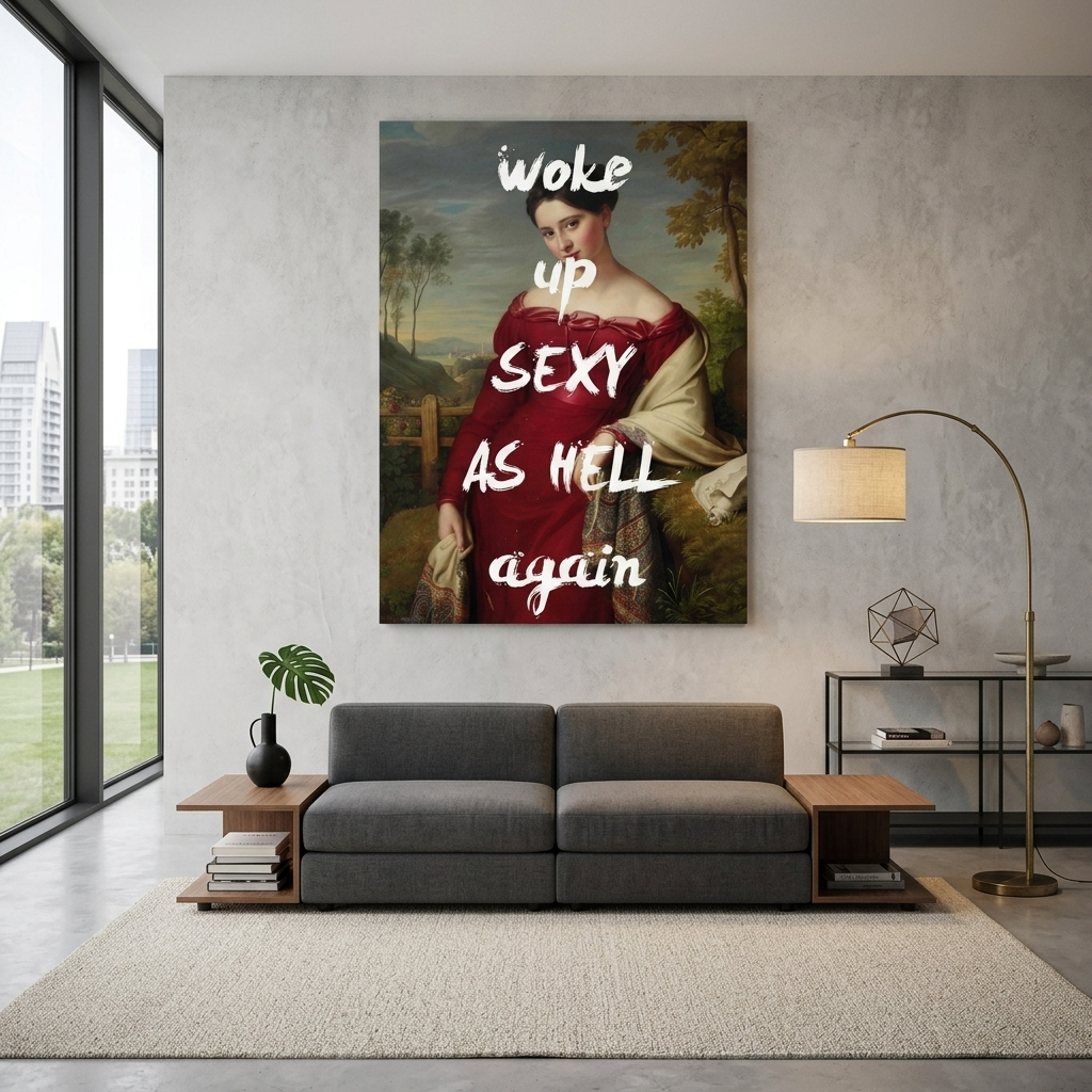 Kunstdruck auf Leinwand, aufgewacht, sexy wie die Hölle, wieder da