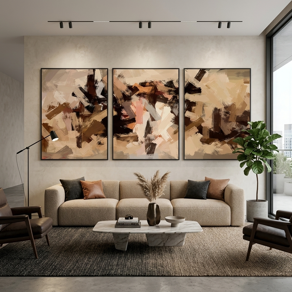 Modularer Kunstdruck auf Leinwand mit Pinselstrichen in Beige-Braun-Tönen, mehrere Teile