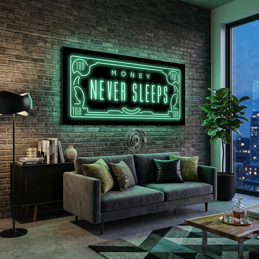 Inspirierender Kunstdruck auf Leinwand, Motiv: Dollar Money Never Sleeps
