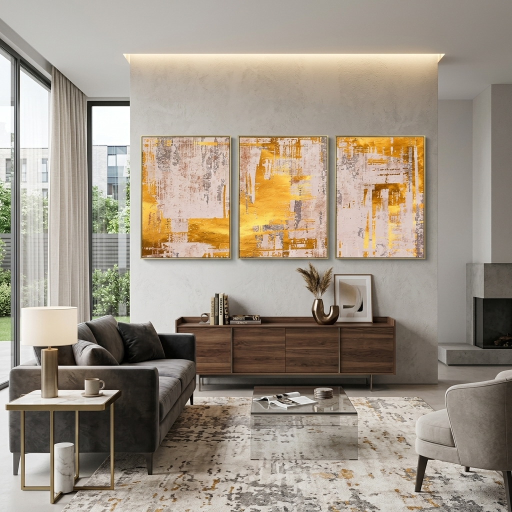 Modulare Abstraktion in Beige- und Goldtönen, mehrteiliger Kunstdruck auf Leinwand