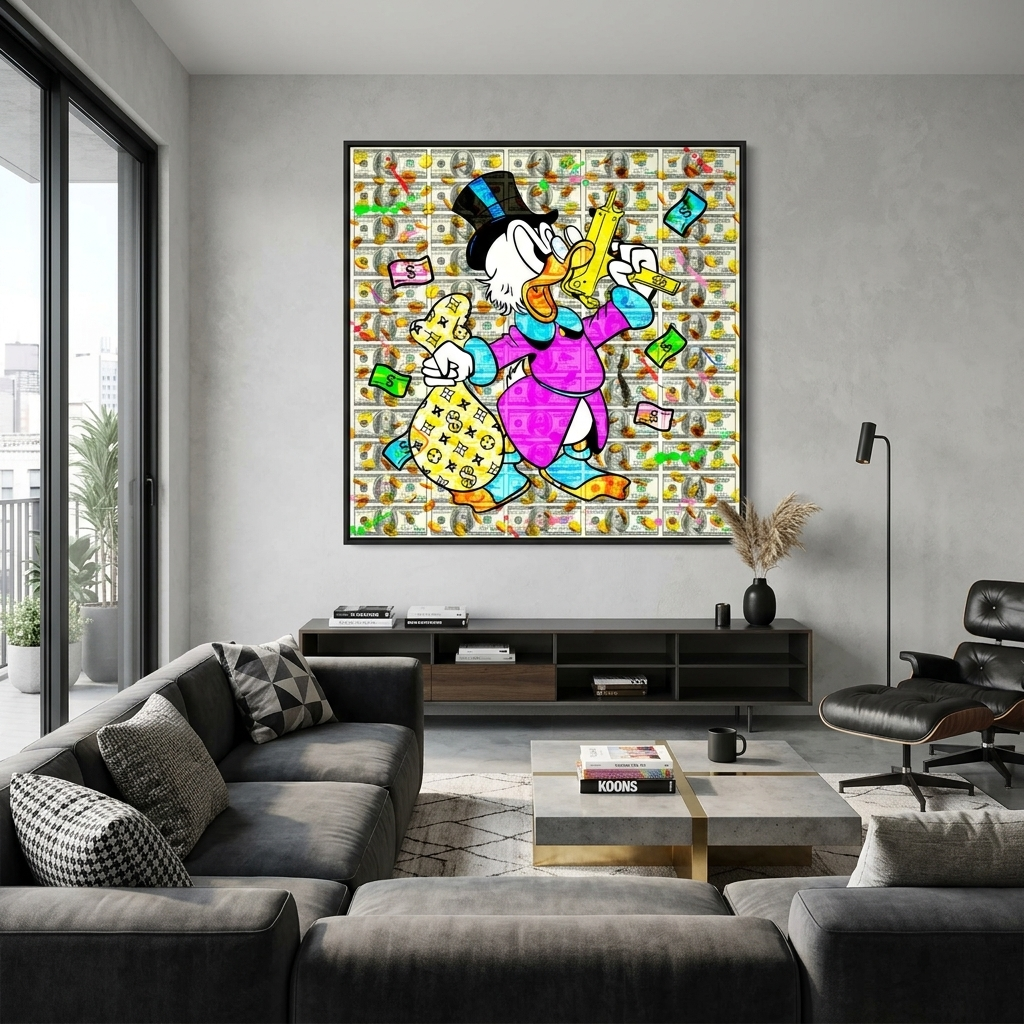 Dagobert Duck mit einem Sack voll Geld und einer Pistole – Inspirierender Kunstdruck auf Leinwand