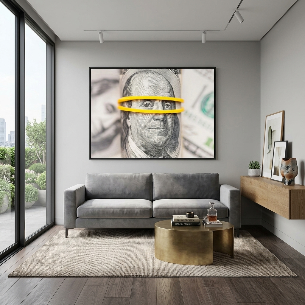 Franklin on a blurry background of dollars Inspirational Canvas Wall Art Print