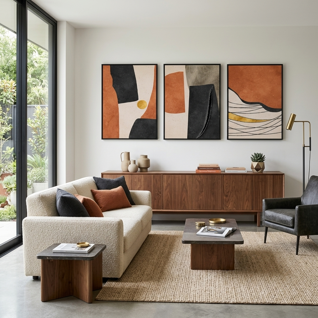 Modularer abstrakter Kunstdruck auf mehrteiliger Leinwand mit ausgeprägtem Orangeton