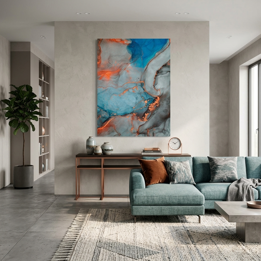 Orange-grau mit blauen Elementen Abstraktion Leinwand Wand Kunstdruck