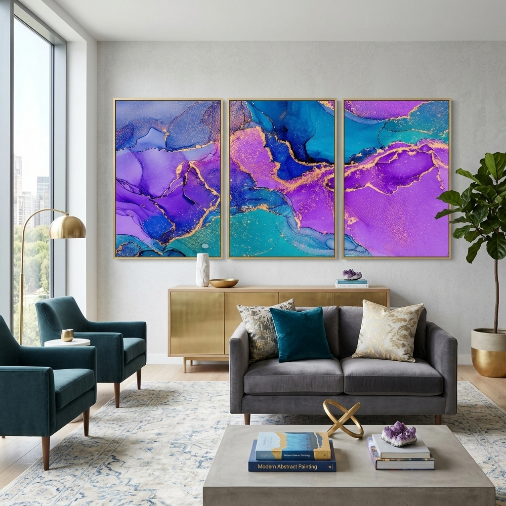 Modularer, abstrakter Kunstdruck auf Leinwand, mehrere Teile, Lavendelblau