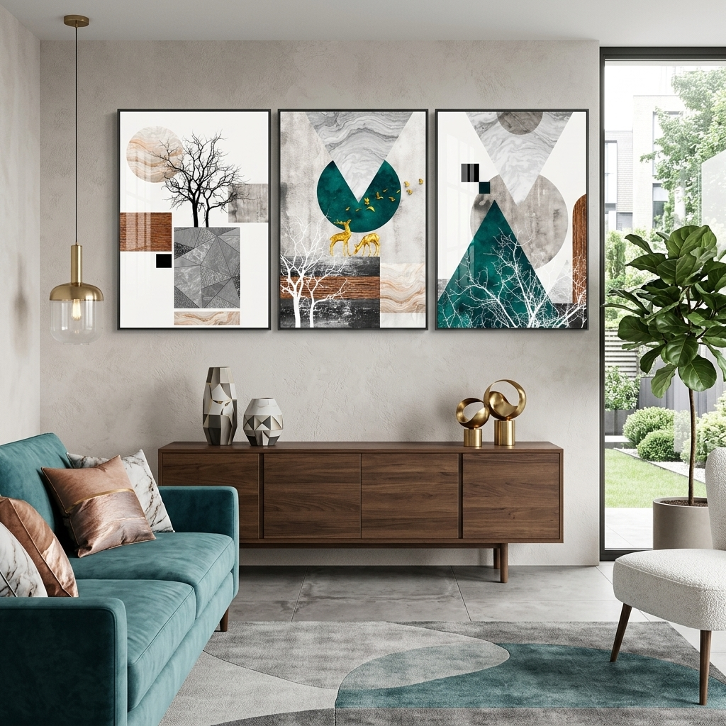 Modularer abstrakter geometrischer Formen mit Tieren und Bäumen, mehrteiliger Kunstdruck auf Leinwand