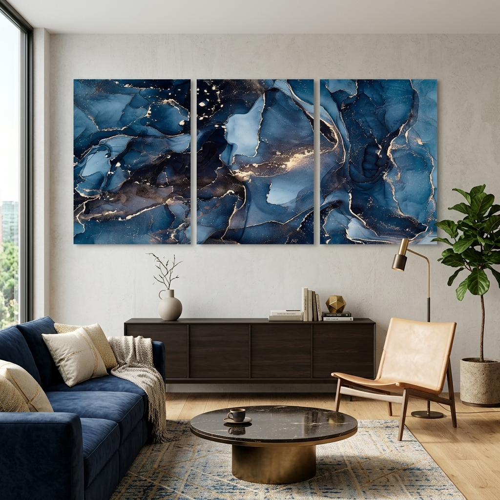 Modulare Abstraktion in Blau- und Goldtönen, mehrteiliger Kunstdruck auf Leinwand