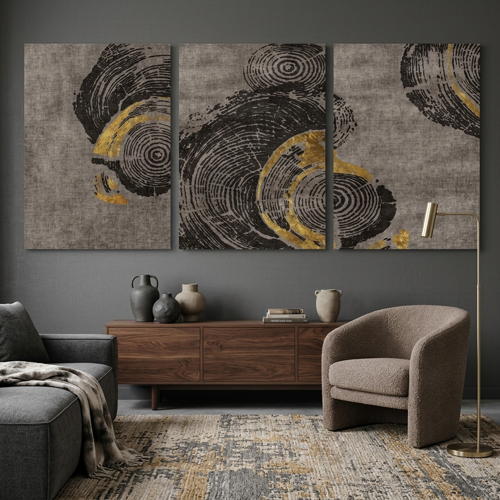 Modularer Kunstdruck auf Leinwand, abstraktes graues Holzmaserungsmuster, mehrteilig