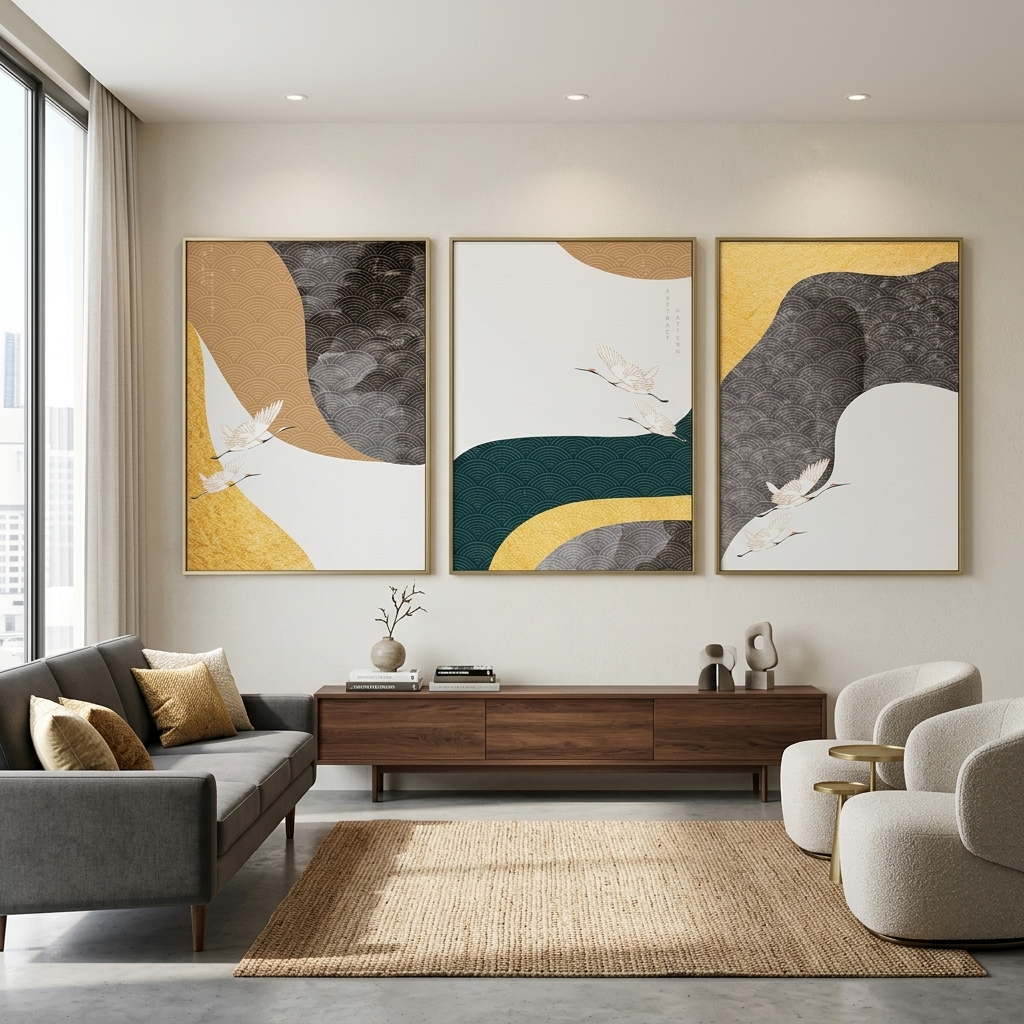 Modularer Kunstdruck auf Leinwand, Vögel auf graubeigem Hintergrund, mehrere Teile