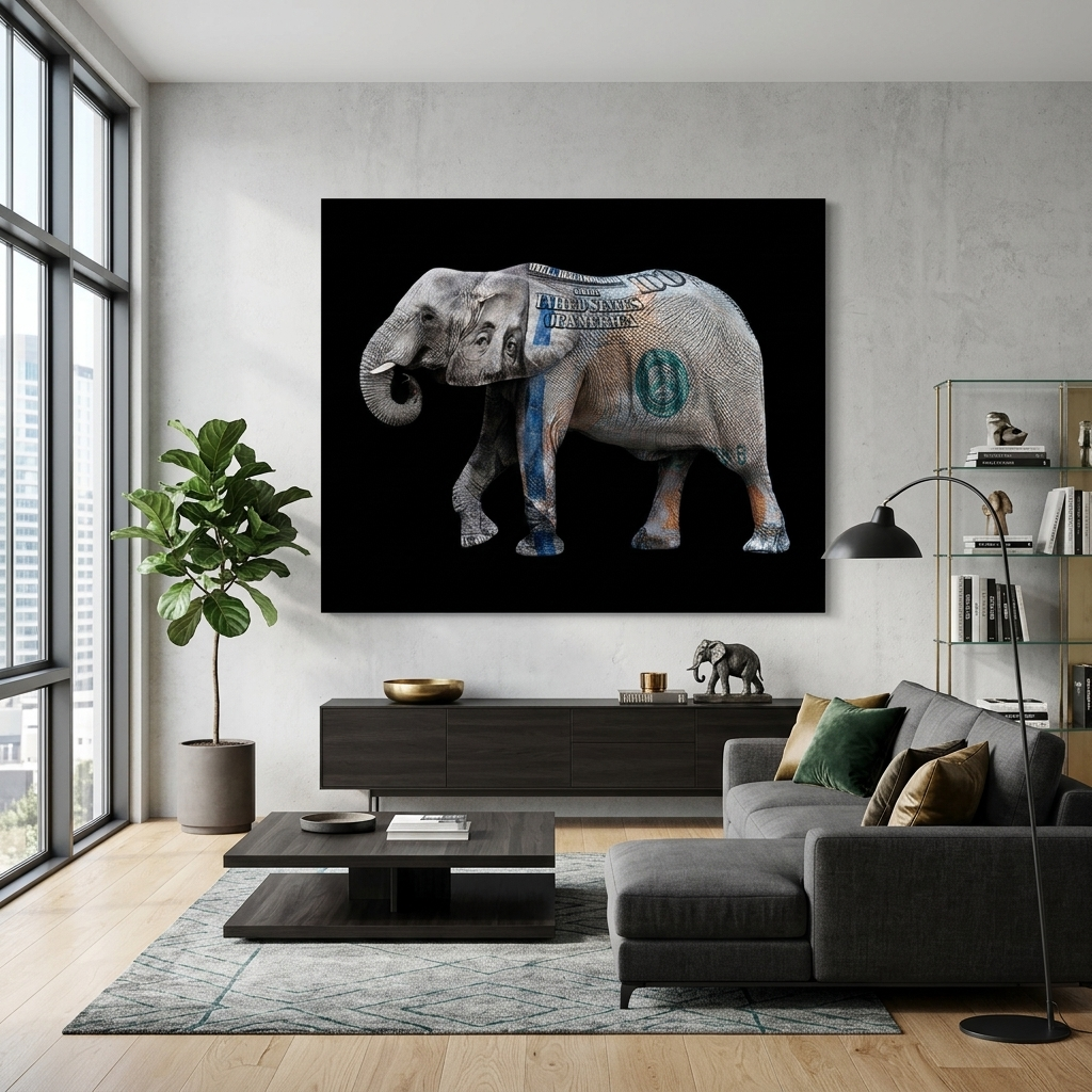 Ein Elefant in der Farbe eines Dollars. Inspirierender Kunstdruck auf Leinwand.