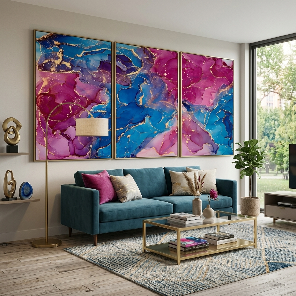 Modulare Abstraktion in Rosa- und Blautönen, mehrteiliger Kunstdruck auf Leinwand