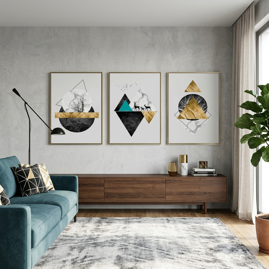 Modularer mehrfarbiger geometrischer Abstraktions-Wandkunstdruck auf Leinwand, mehrere Teile