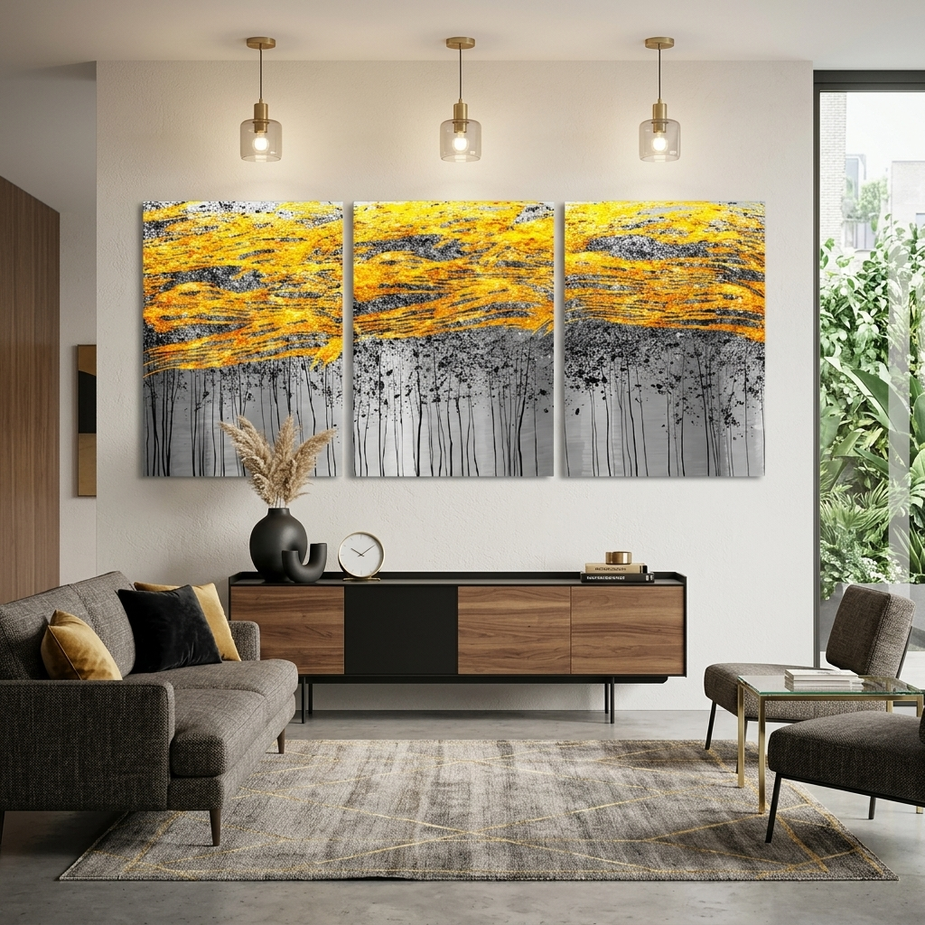 Modularer Kunstdruck auf Leinwand, abstraktes Gold mit Grautönen, mehrere Teile