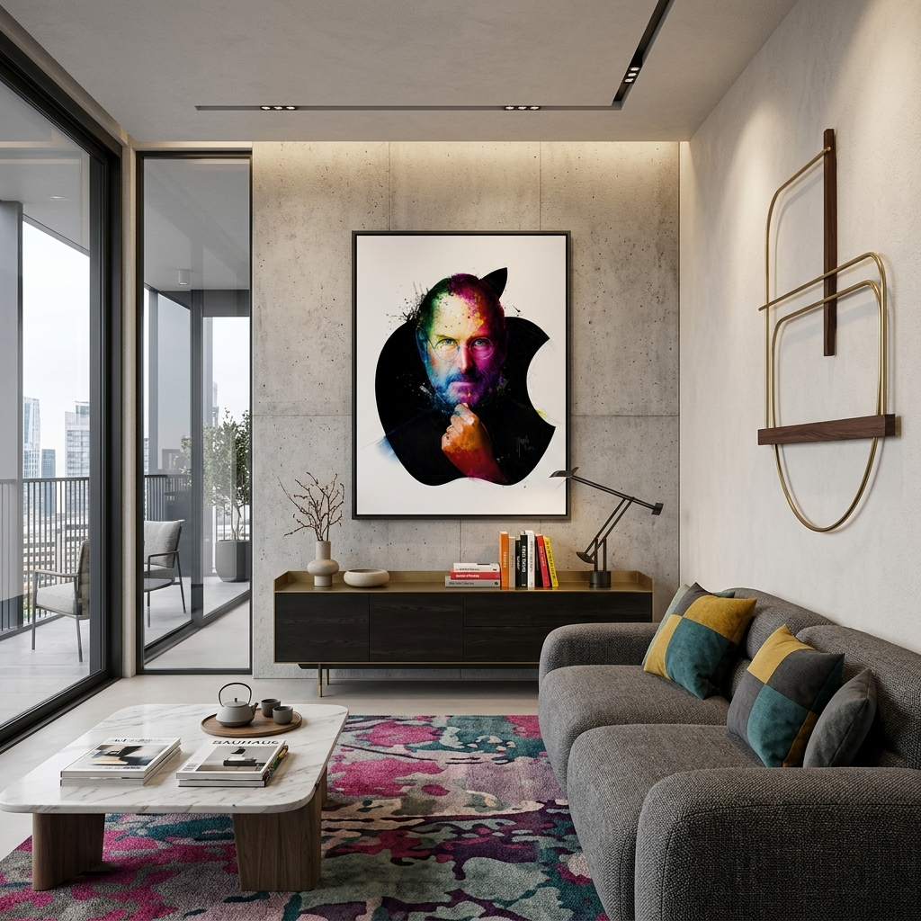 Kunstdruck auf Leinwand mit dem Apple-Logo von Steve Jobs auf weißem Hintergrund