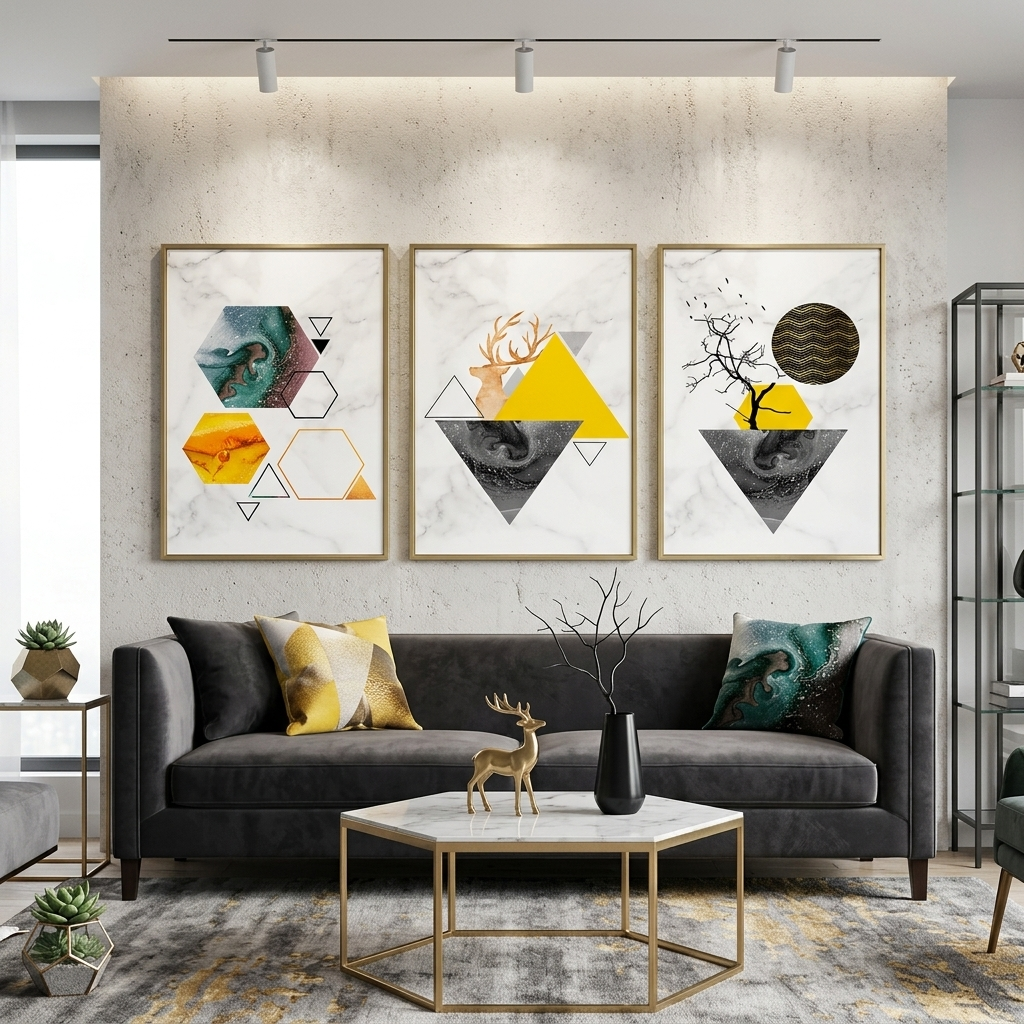 Modularer Kunstdruck auf Leinwand, geometrische Abstraktion, mehrere Teile, Gelb und Grau