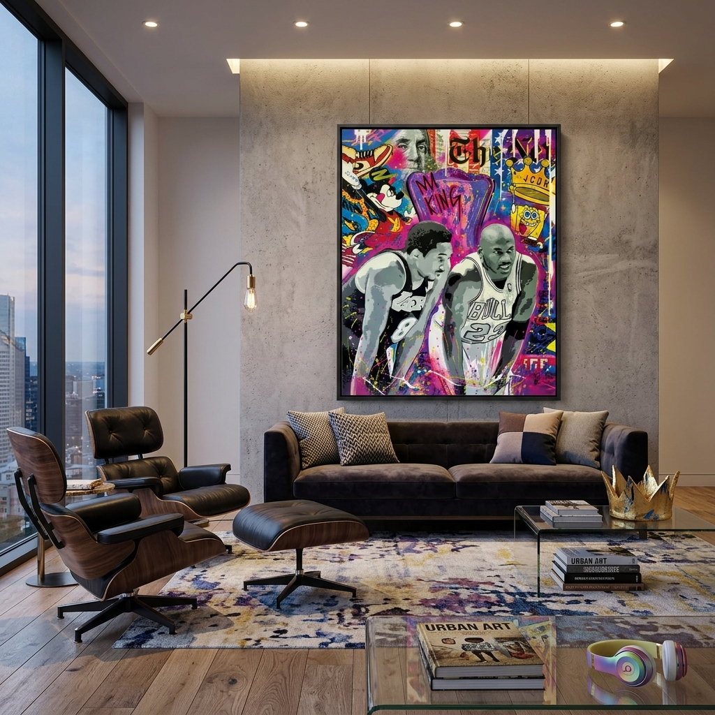 Graffiti-Kunstdruck auf Leinwand mit den Basketballspielern Michael Jordan und Kobe Bryant
