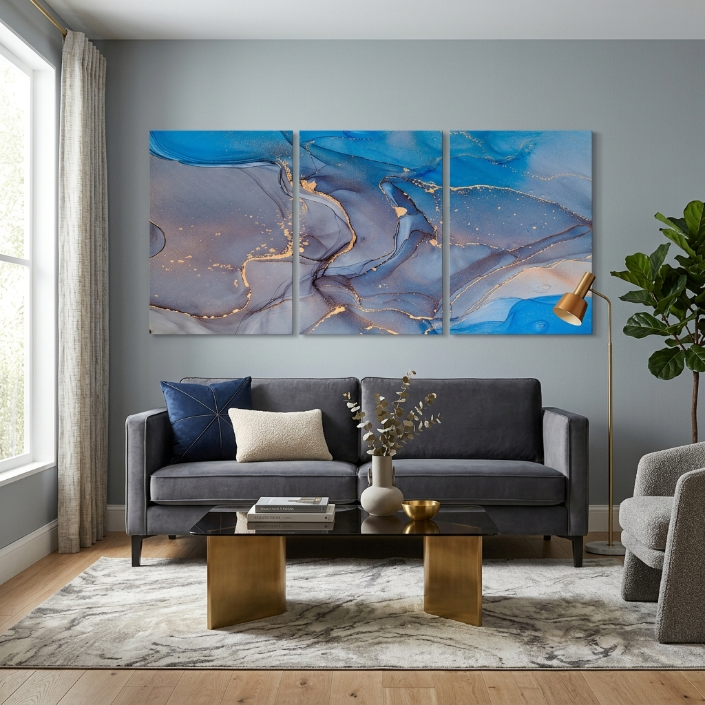 Modularer abstrakter blau-grauer mehrteiliger Kunstdruck auf Leinwand