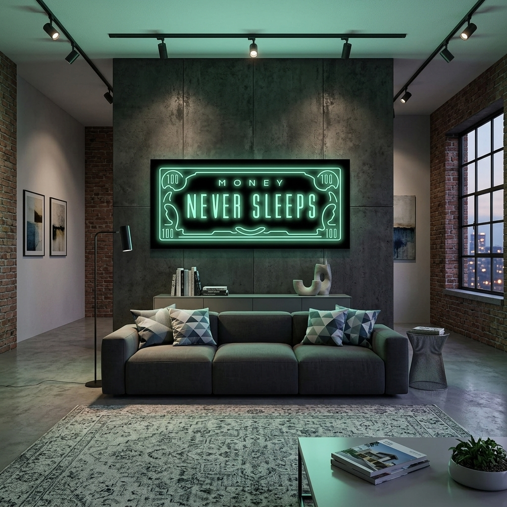 Inspirierender Kunstdruck auf Leinwand, Motiv: Dollar Money Never Sleeps