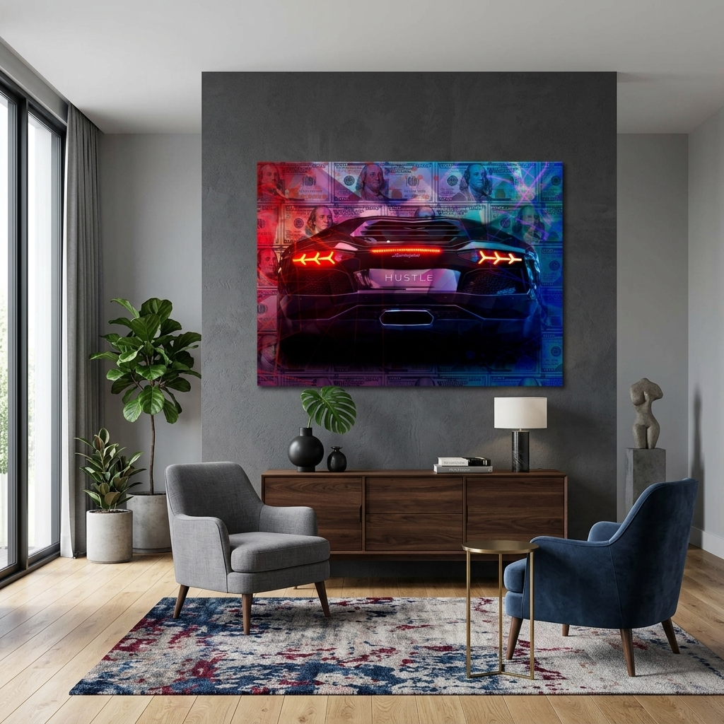 Zur Motivation Dollars and Lamborghini Hustle Motivational Canvas Wall Art Print