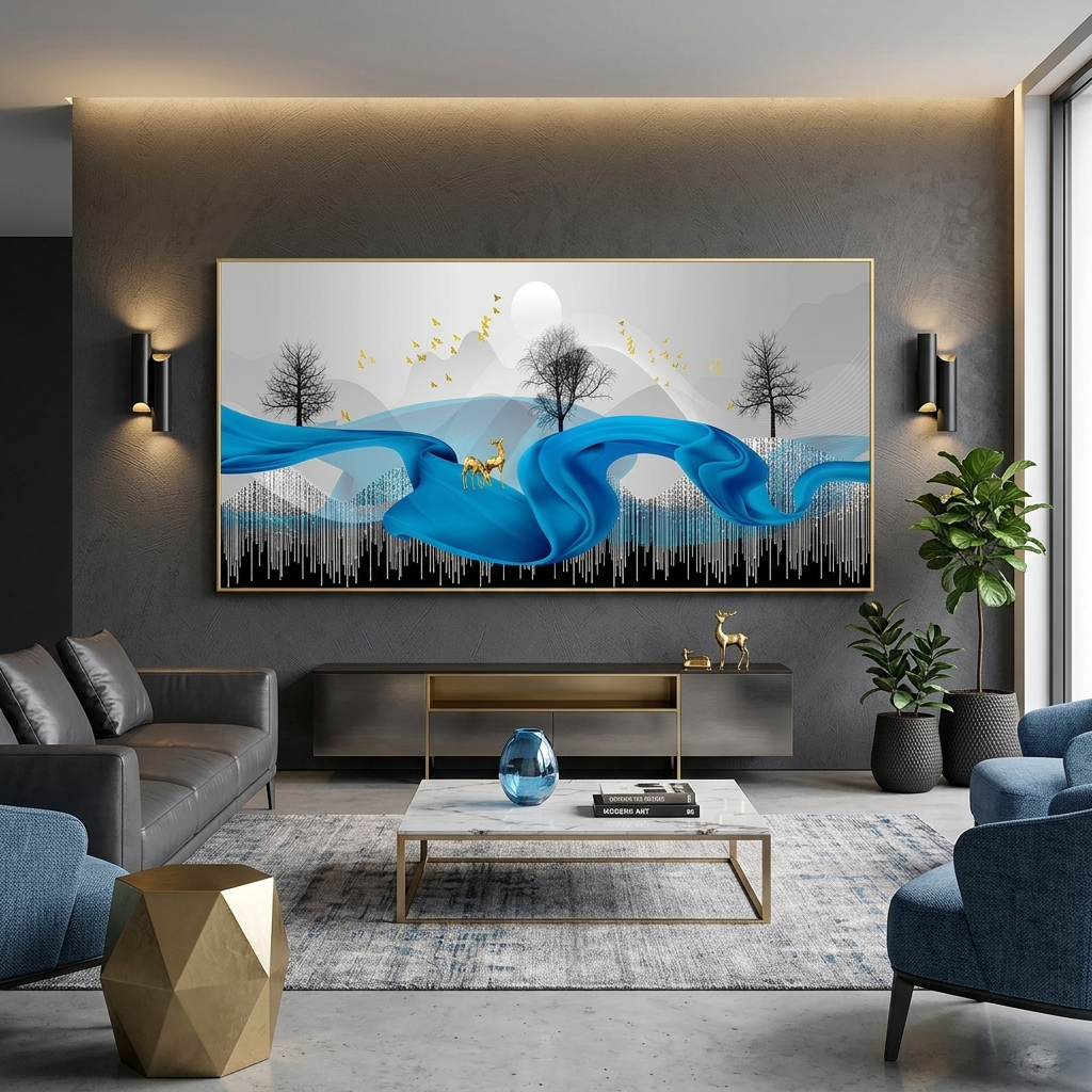 Zwei goldene Hirsche auf einer blauen Feder. Abstrakter Kunstdruck auf Leinwand