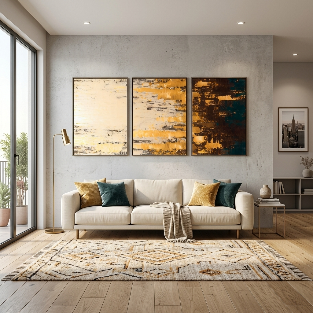 Modularer, sandfarbener, abstrakter, mehrteiliger Kunstdruck auf Leinwand