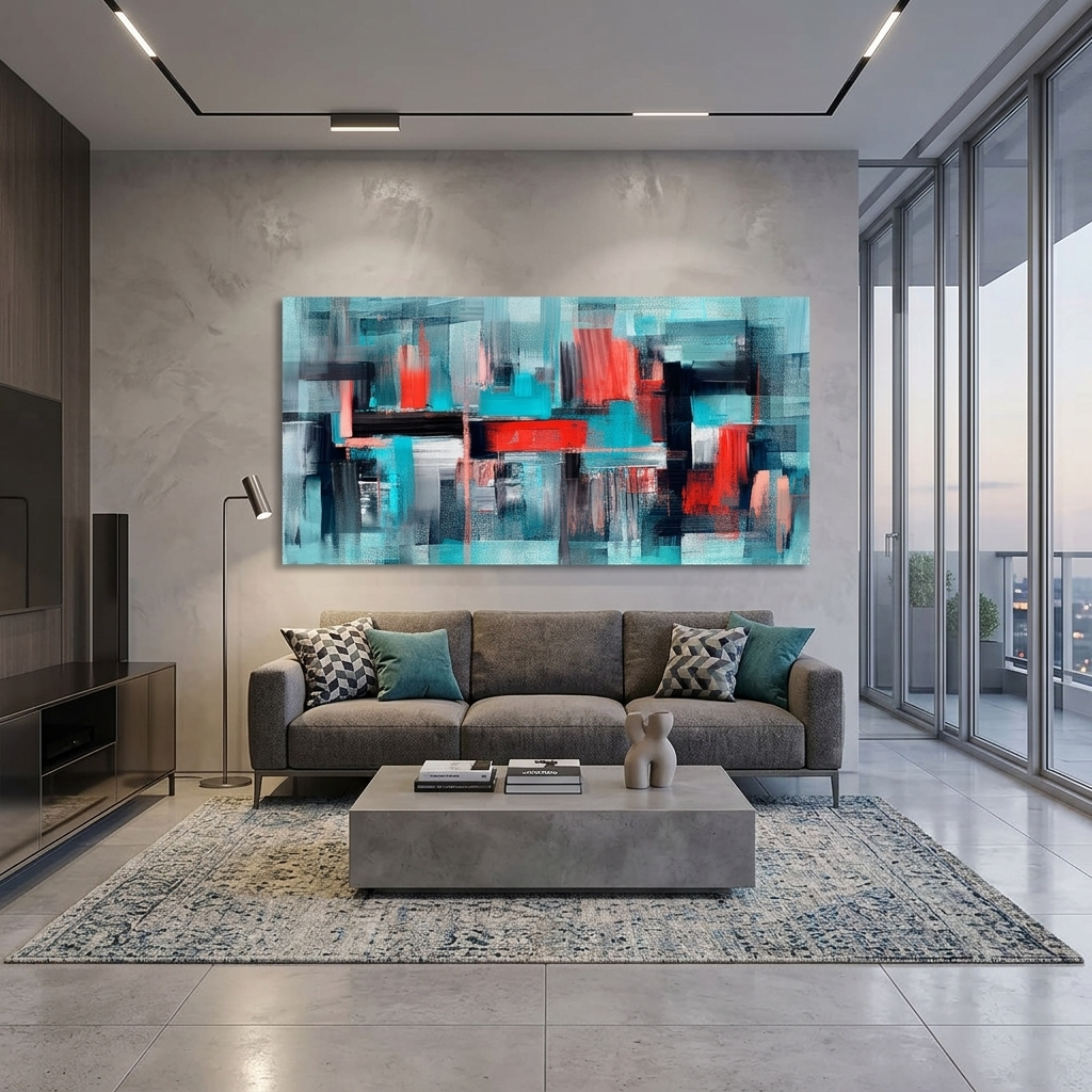 Türkis abstrakt mit roten und schwarzen Details Abstraktion Leinwand Wand Kunstdruck