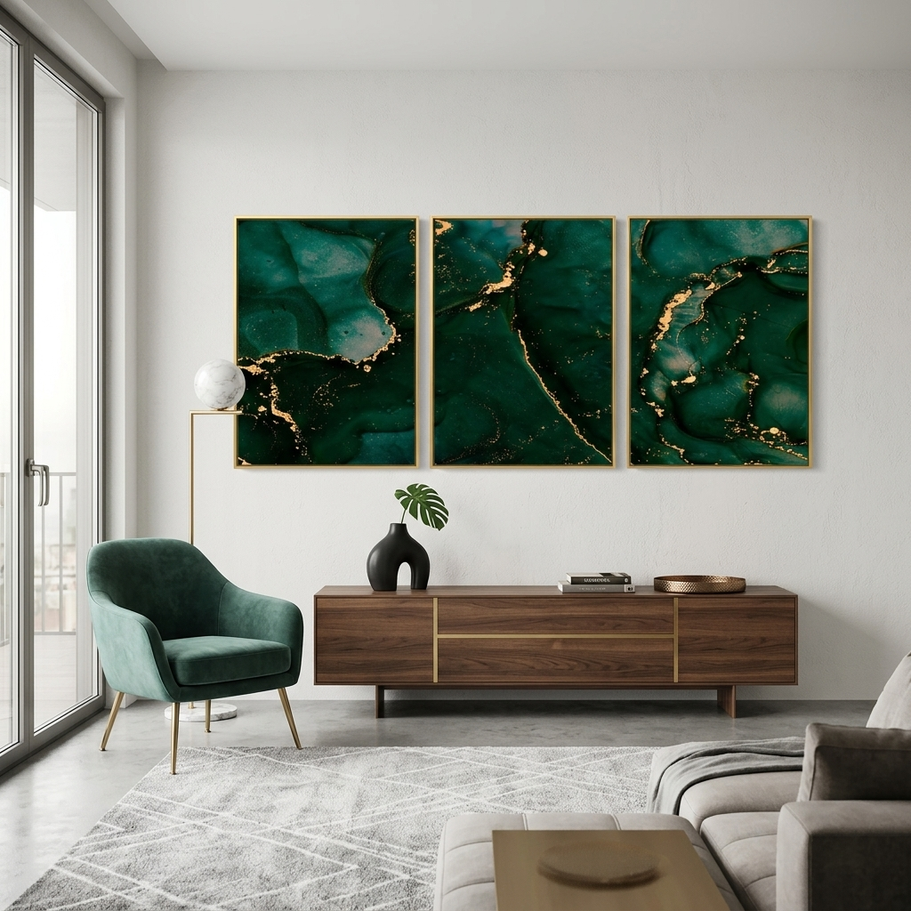 Modularer abstrakter Kunstdruck auf Leinwand, mehrere Teile, Grün und Gold