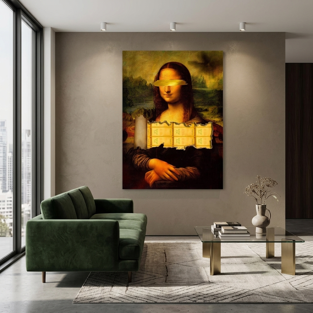 Mona Lisa mit Goldbarren, inspirierender Kunstdruck auf Leinwand