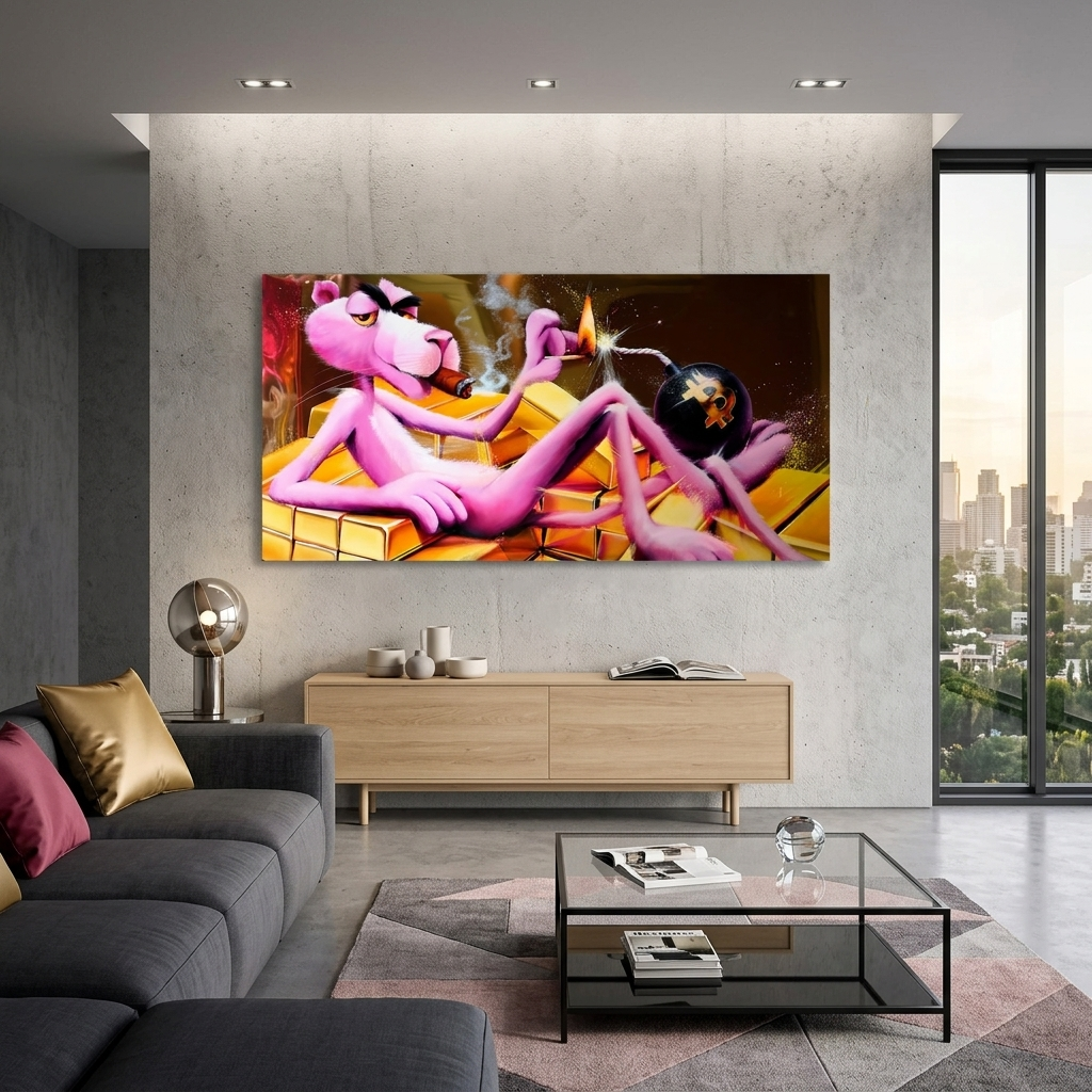 Pink Panther, Gold und Bitcoin Inspirierender Kunstdruck auf Leinwand