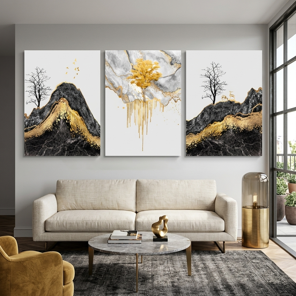 Modulares abstraktes Bild mit kräftiger goldener Farbe. Mehrteiliger Kunstdruck auf Leinwand.