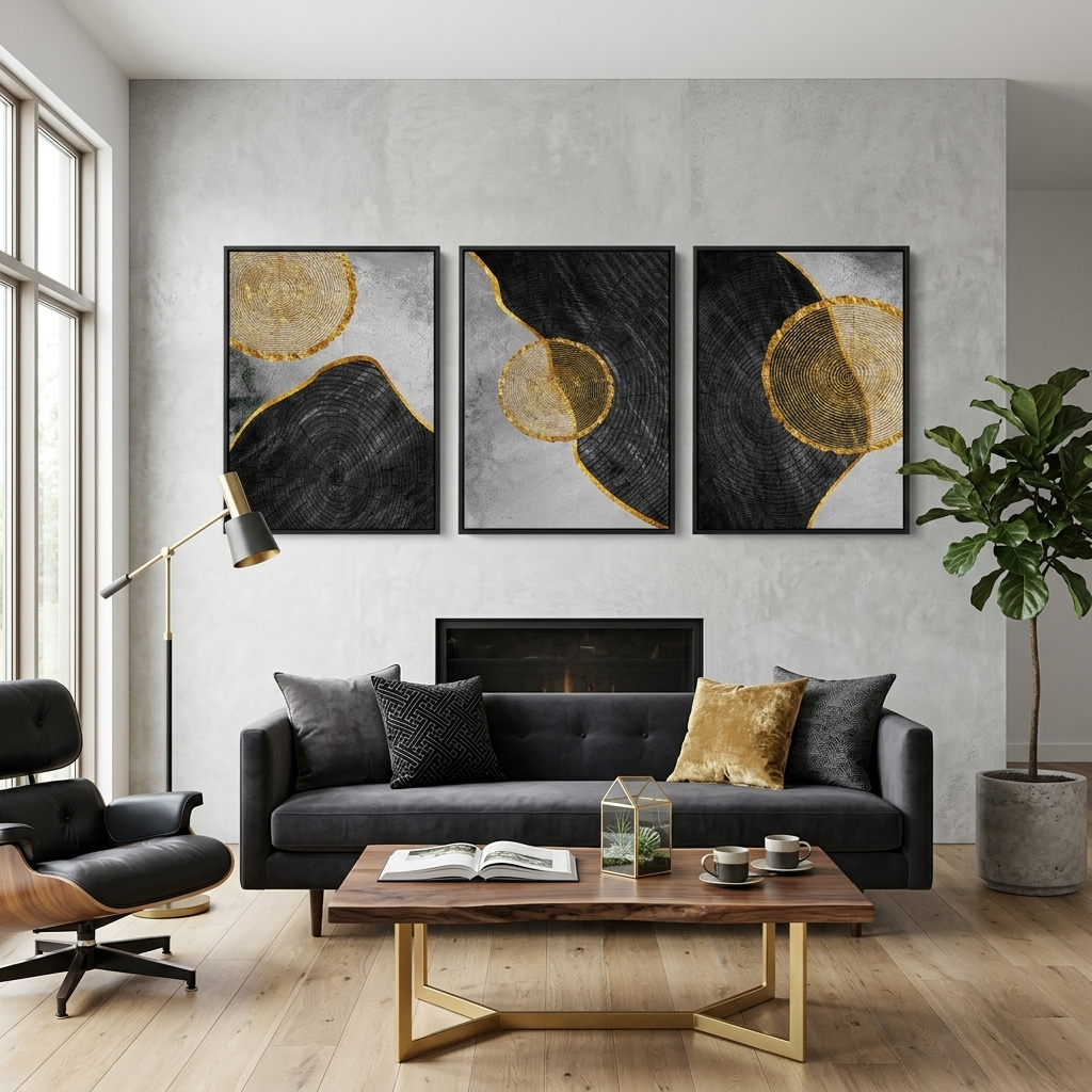Modularer Kunstdruck auf Leinwand, geometrische Abstraktion mit goldenem Figurenrand, mehrere Teile