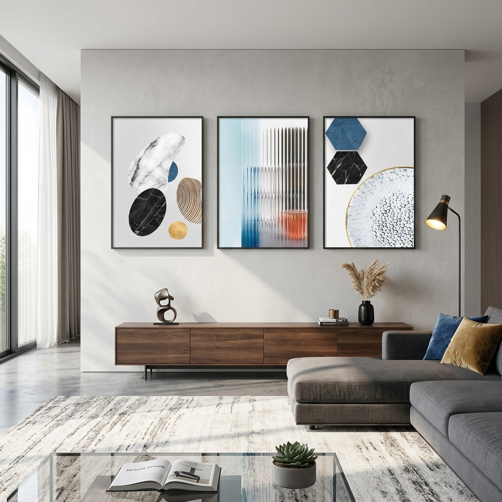 Mehrteiliger Kunstdruck auf Leinwand, Abstraktion mit geometrischen Marmorfiguren