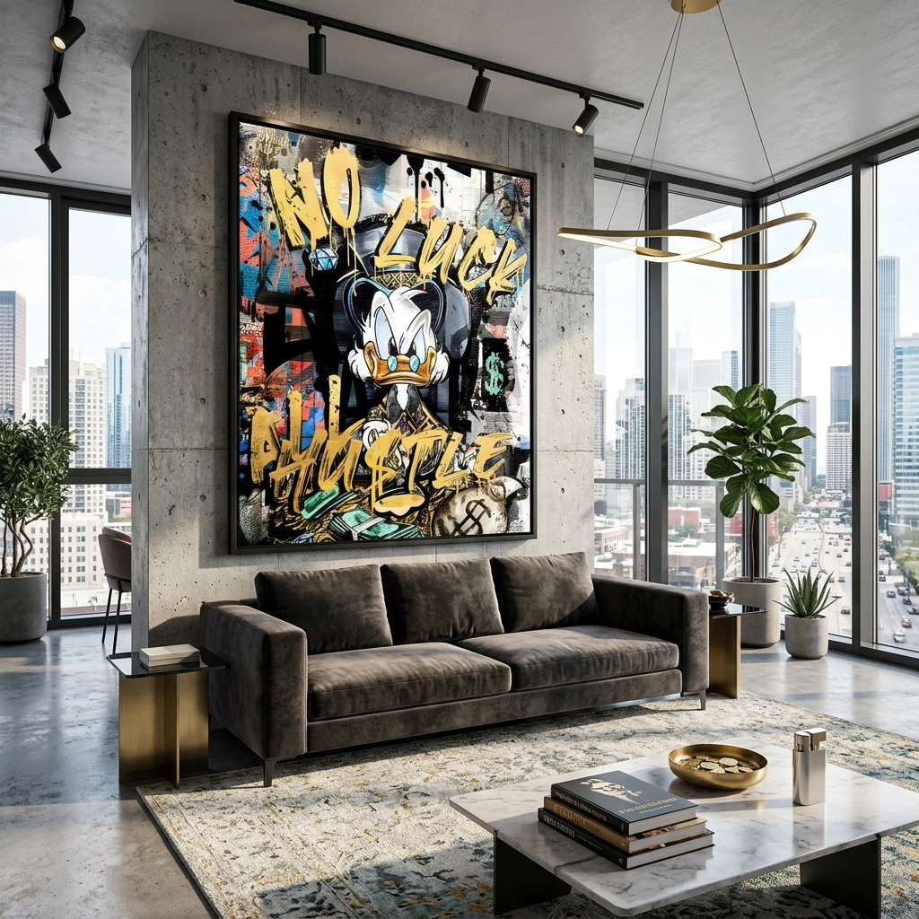Scrooge mit gelbem Schriftzug, inspirierender Kunstdruck auf Leinwand