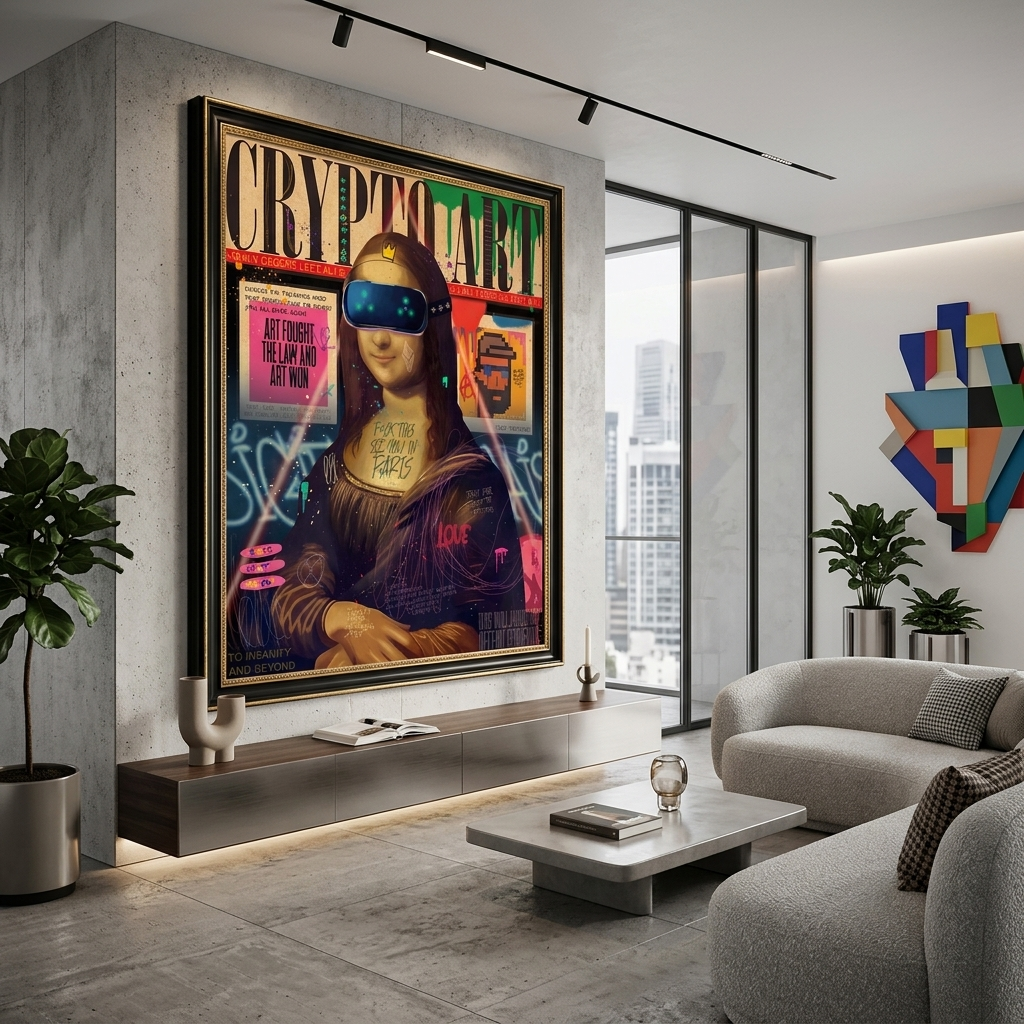 Pop-Art-Kunstdruck „Gioconda in VR-Brille“ auf Leinwand