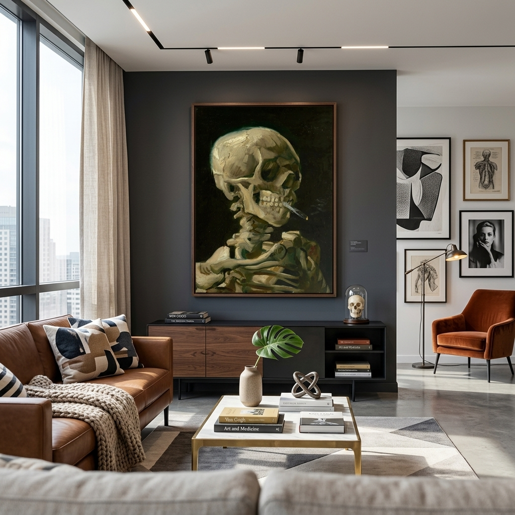 Reproduktion „Totenkopf mit brennender Zigarette“ von Vincent Van Gogh, Reproduktion auf Leinwand, Kunstdruck
