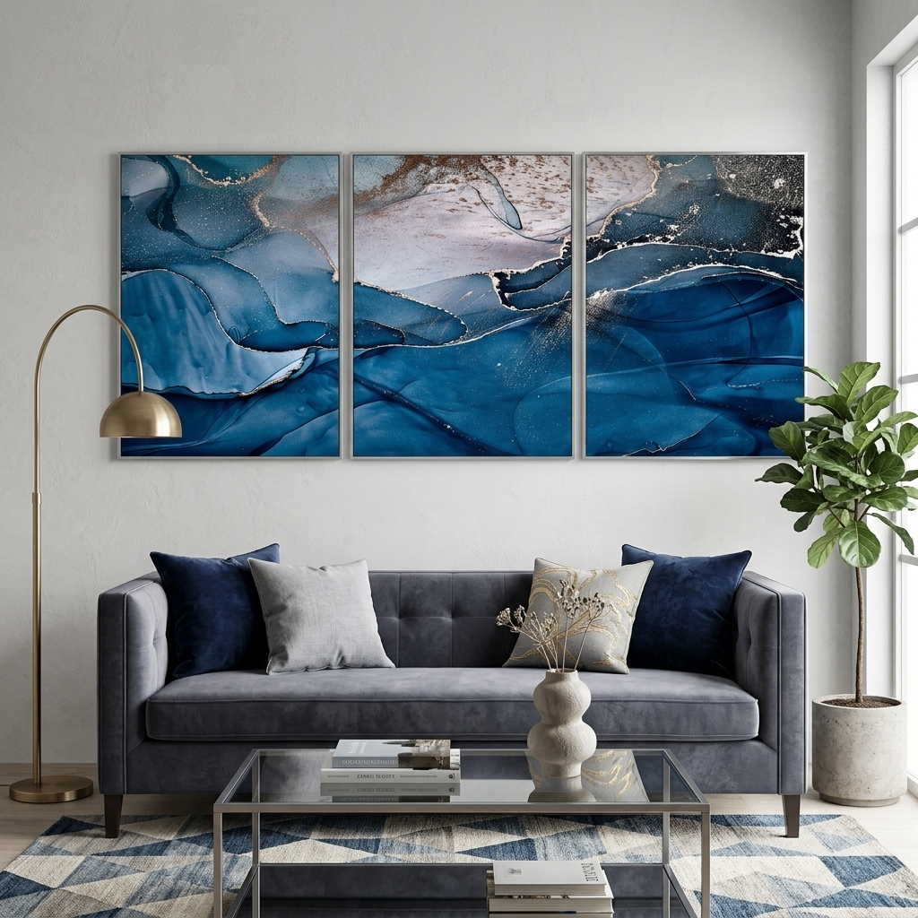 Modularer blau-grauer abstrakter mehrteiliger Kunstdruck auf Leinwand