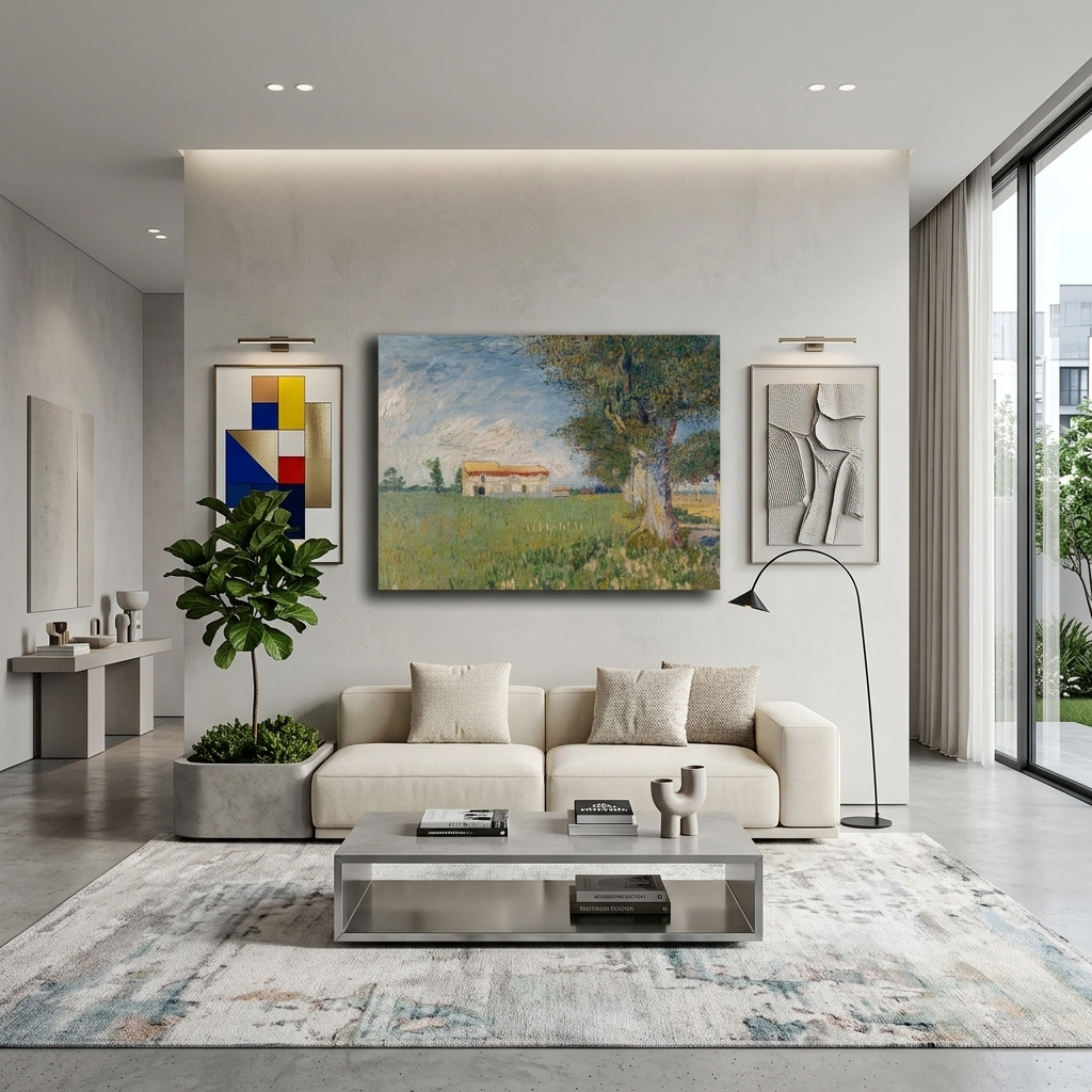 Reproduktion eines Bauernhofs in einem Weizenfeld, Reproduktion auf Leinwand, Kunstdruck