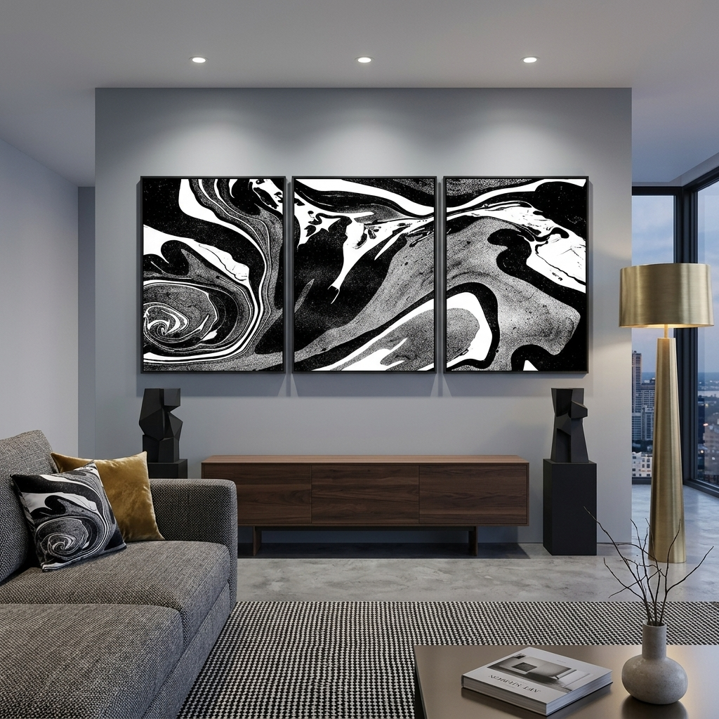 Modularer schwarz-grau-weißer abstrakter mehrteiliger Kunstdruck auf Leinwand